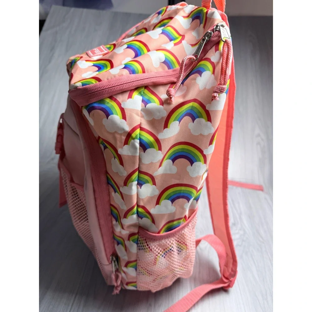 Fuel Rainbow Cloud Print Backpack Pink School Bag with Mesh Pockets and Buckle